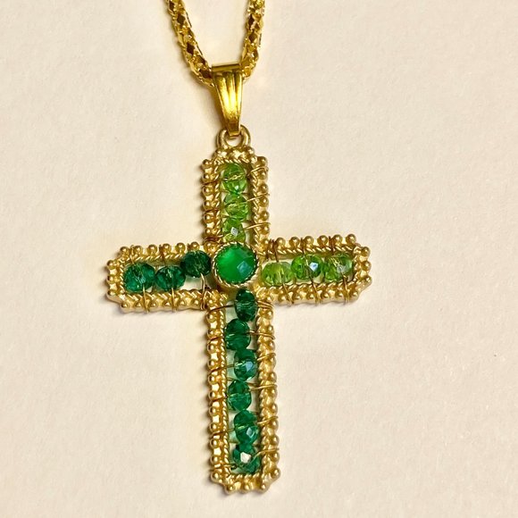 Vintage Gold Bead Cross Pendant Necklace Green Hand Beaded Plated 22" Christian - Picture 3 of 11